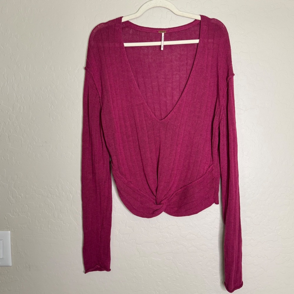 Free People Got Me Twisted Sweater Large Linen Cotton Boho Pink Casual Airy